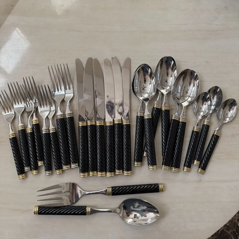 25pc MIKASA Braid-Onyx Laslo Flatware Set Black HDL Metallics Gold Acc., Stnls